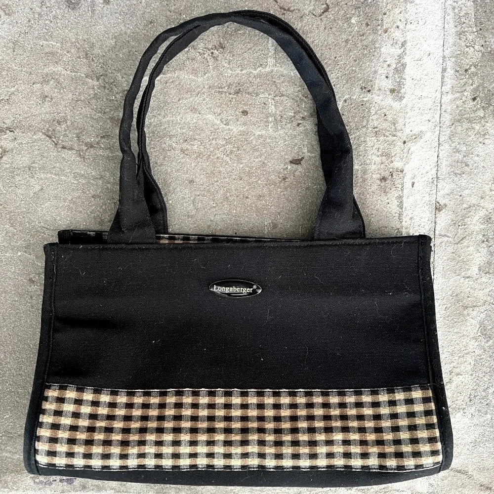 LONGABERGER Homestead Black Small Mini Short Handle Tote Bag Check Gingham Plaid